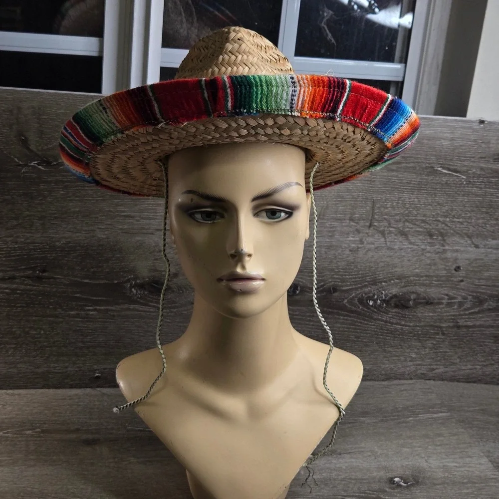 Straw Sombrero Child Mexican Hat Colorful Serape Trim Fiesta Party Costume